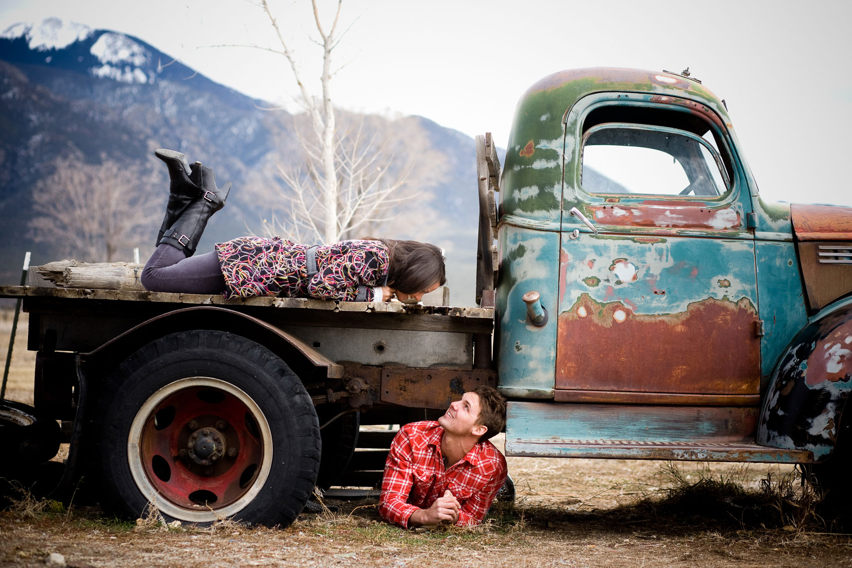 Taos Engagement photo on old truck
